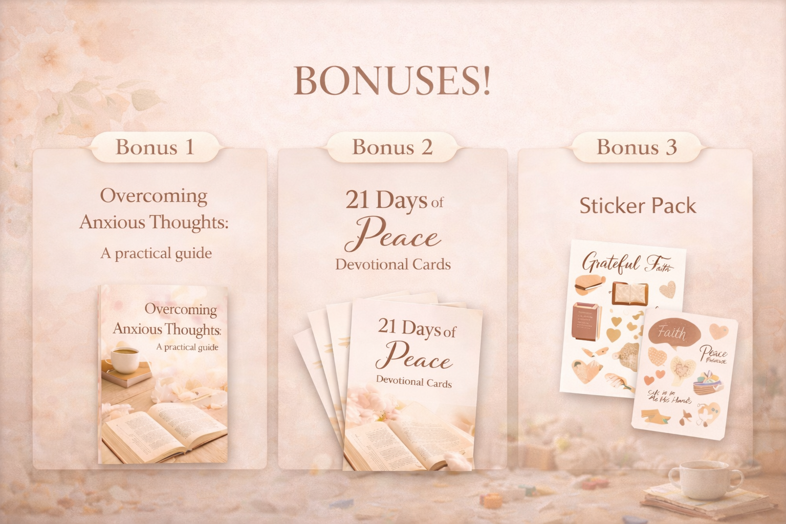 Bonuses included: Overcoming Anxious Thoughts guide, 21 Days of Peace devotional cards, and sticker pack